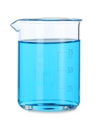 Photo of Glass beaker with light blue liquid on mirror surface against white background