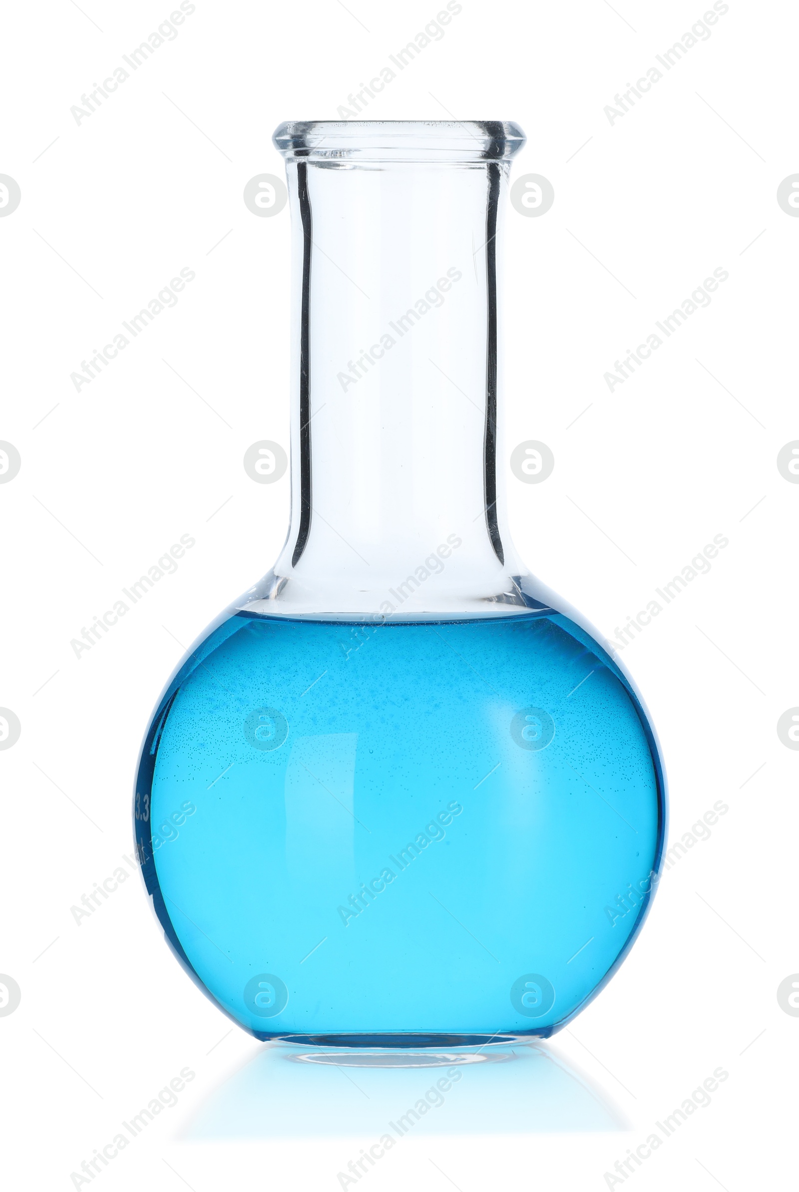 Photo of Glass flask with light blue liquid on mirror surface against white background