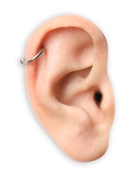 Photo of Woman on white background, closeup of ear