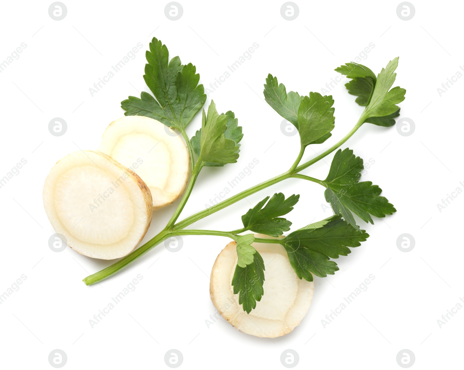 Photo of Fresh parsley and cut root isolated on white, top view