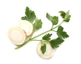 Photo of Fresh parsley and cut root isolated on white, top view