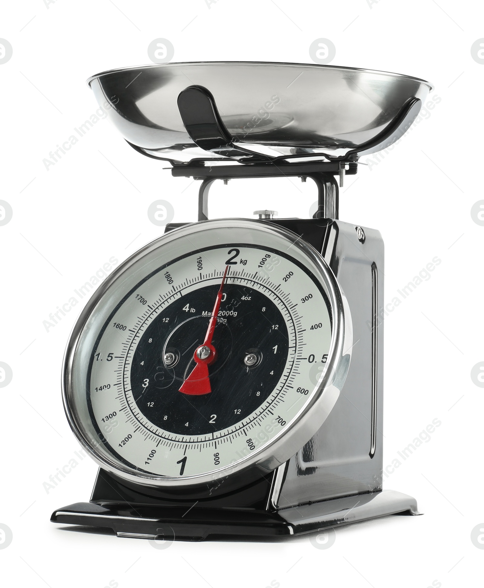 Photo of Mechanical kitchen scale with bowl isolated on white