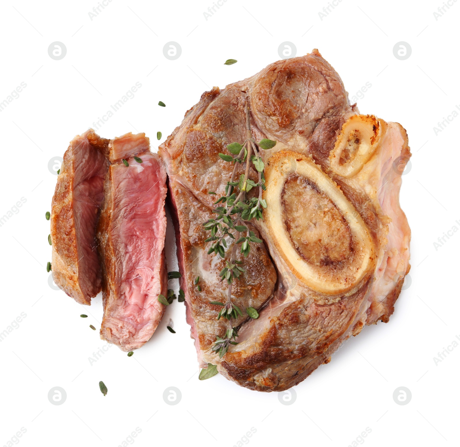 Photo of Pieces of delicious beef meat and thyme isolated on white, top view