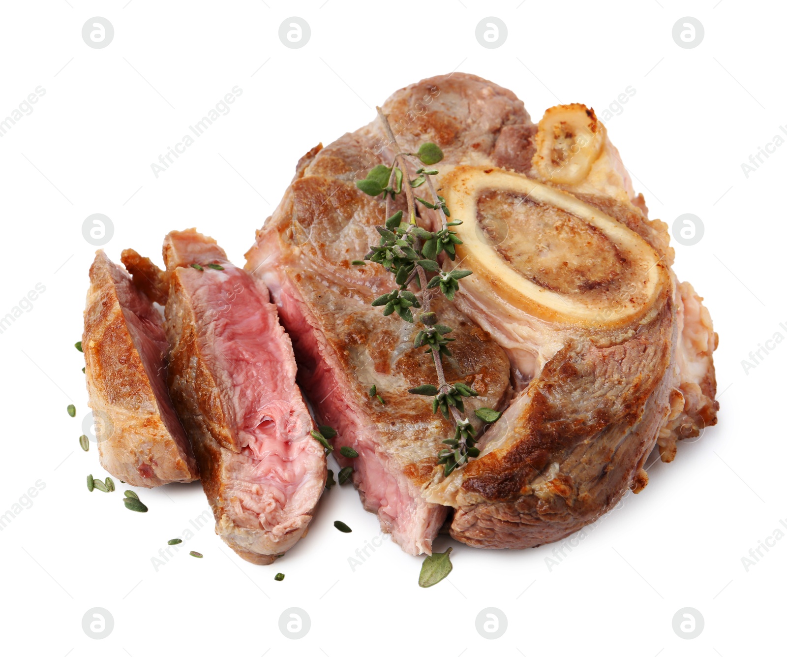 Photo of Pieces of delicious beef meat and thyme isolated on white