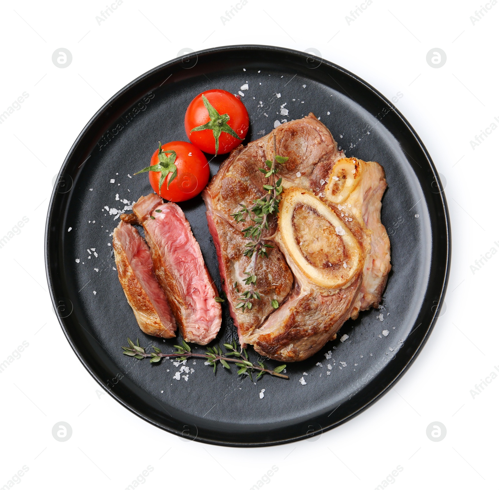 Photo of Pieces of delicious beef meat, thyme, salt and tomatoes isolated on white, top view