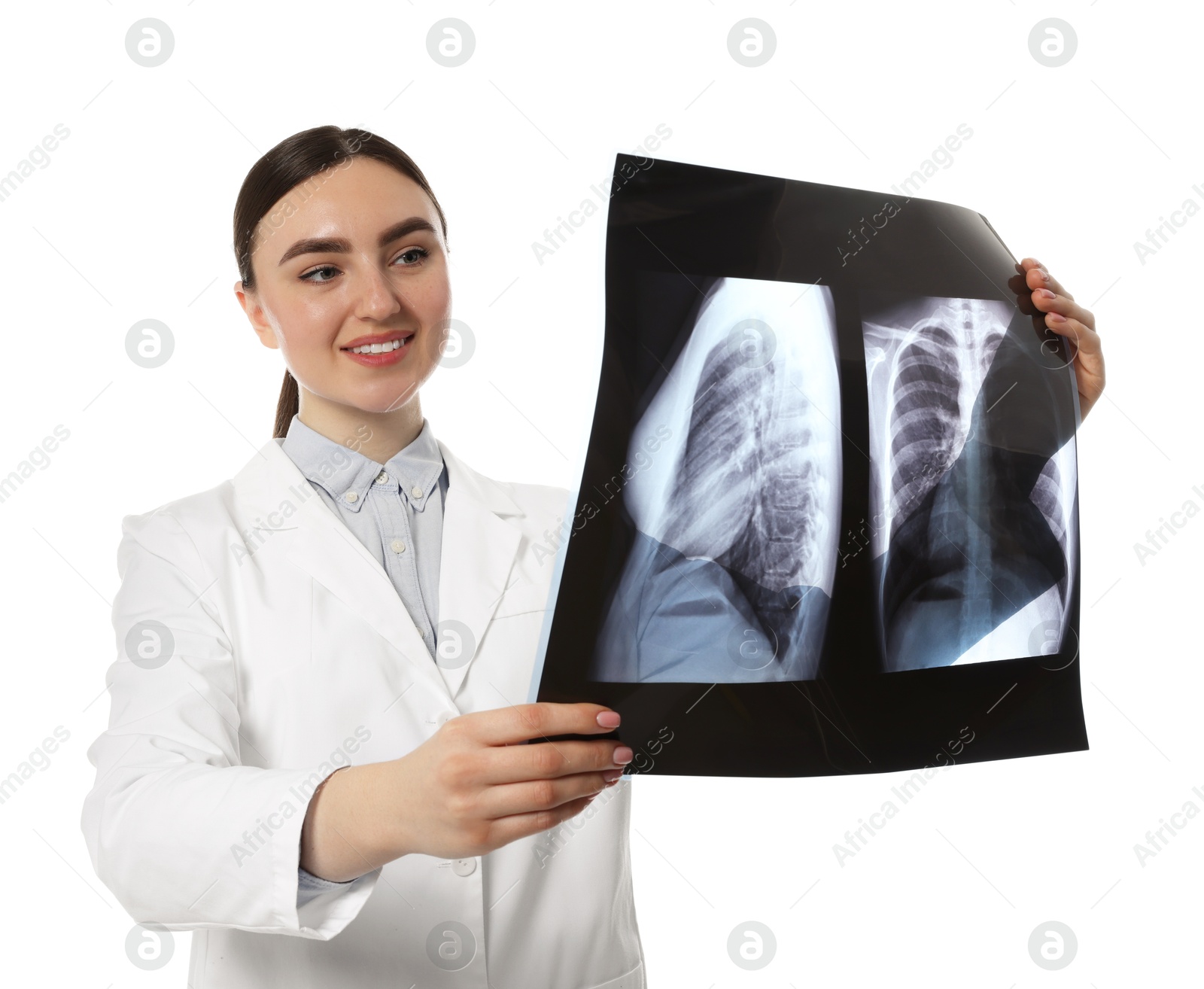 Photo of Doctor examining lungs x-ray on white background