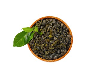 Photo of Dried and fresh tea leaves in bowl isolated on white, top view