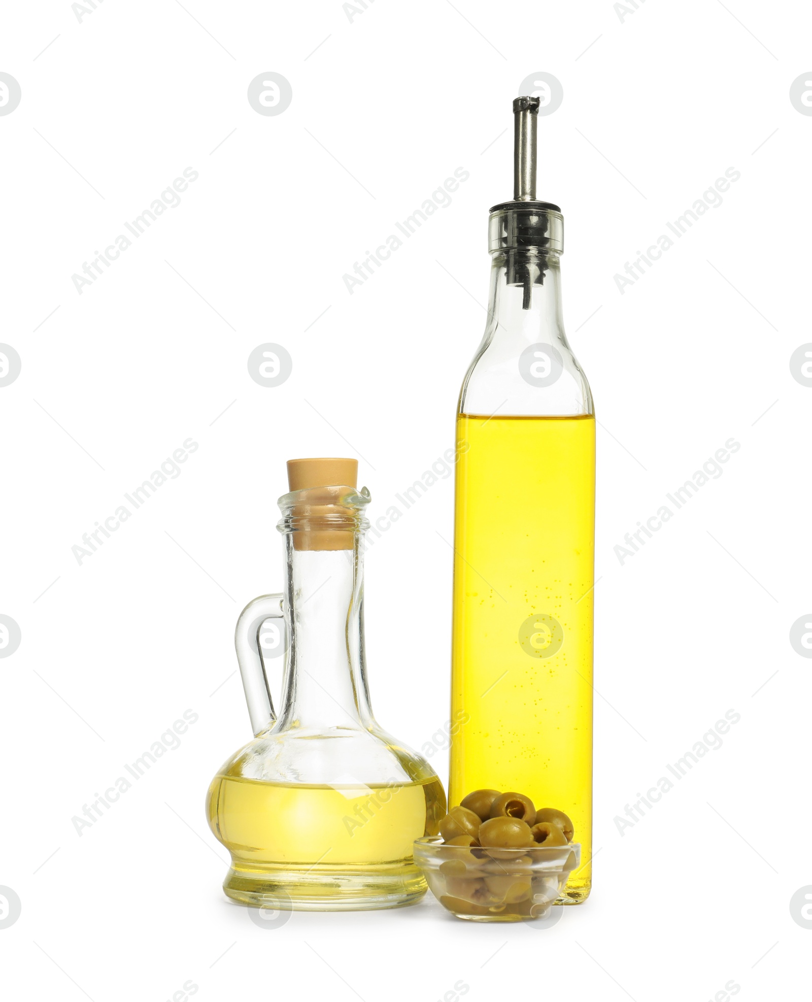 Photo of Salad dressings and olives isolated on white