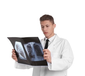 Photo of Doctor examining lungs x-ray on white background