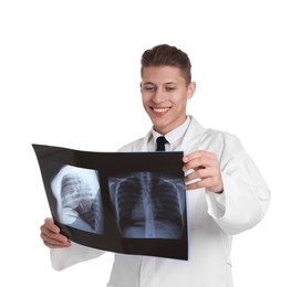 Photo of Doctor examining lungs x-ray on white background