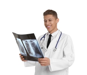 Photo of Doctor examining lungs x-ray on white background