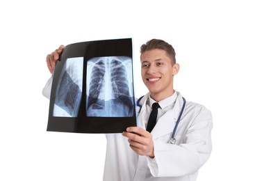 Photo of Doctor examining lungs x-ray on white background