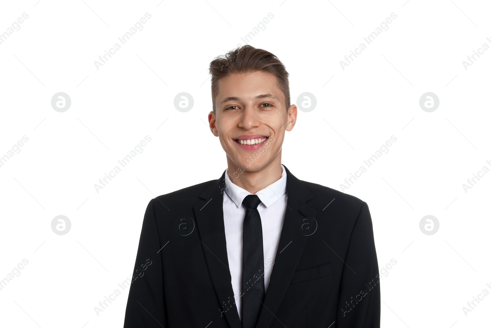 Photo of Handsome young man in suit on white background