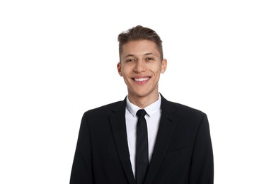 Photo of Handsome young man in suit on white background