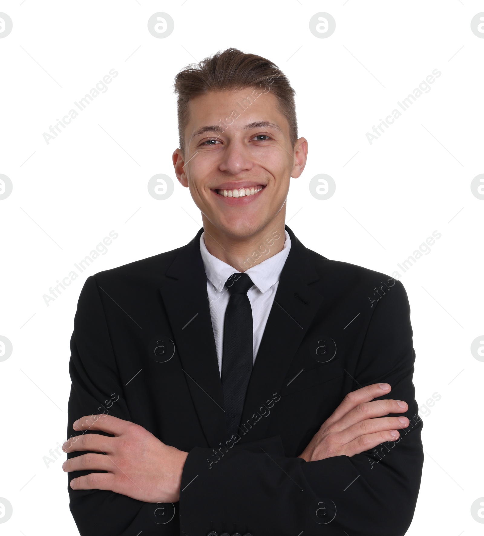 Photo of Handsome young man in suit on white background