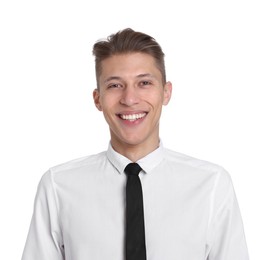 Photo of Handsome young man in formal outfit on white background