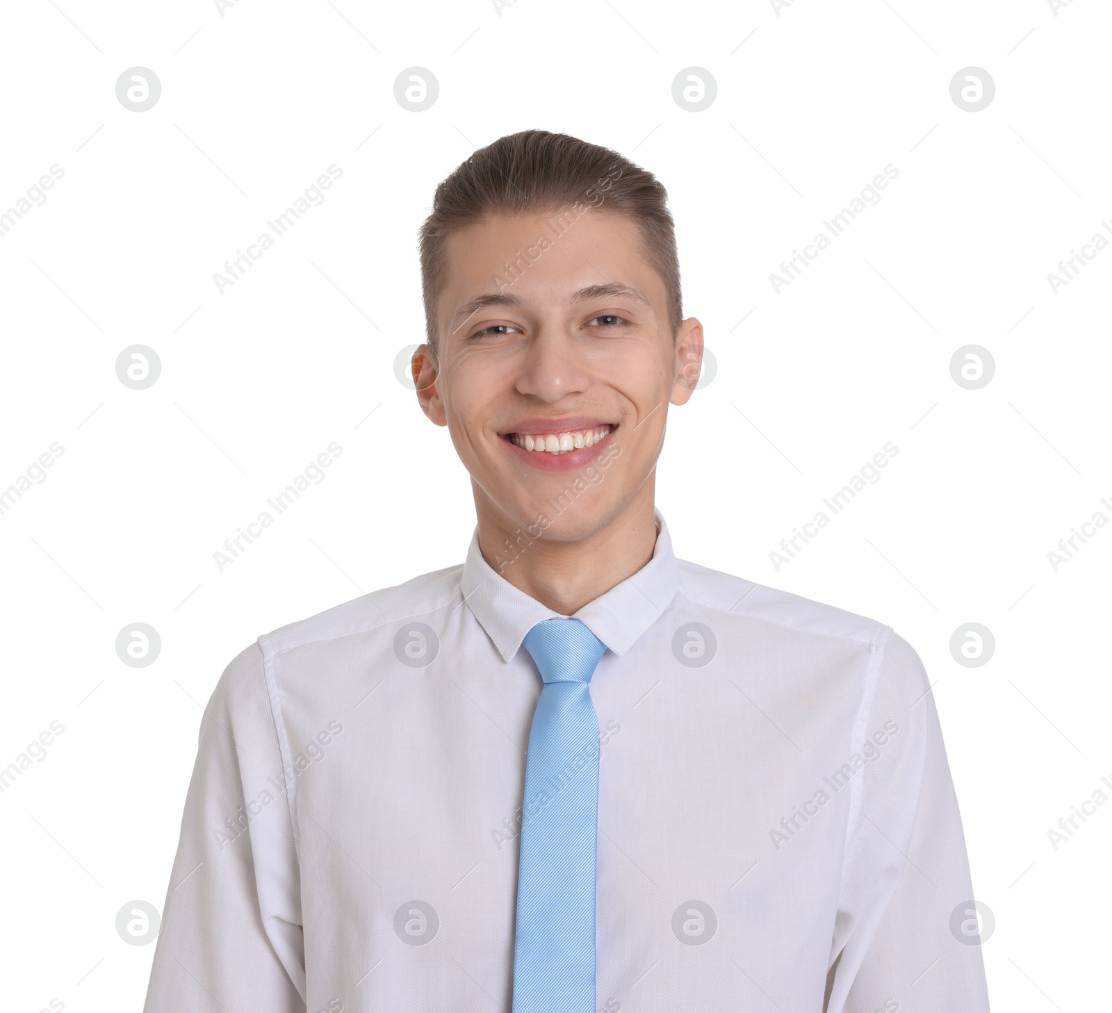 Photo of Handsome young man in formal outfit on white background