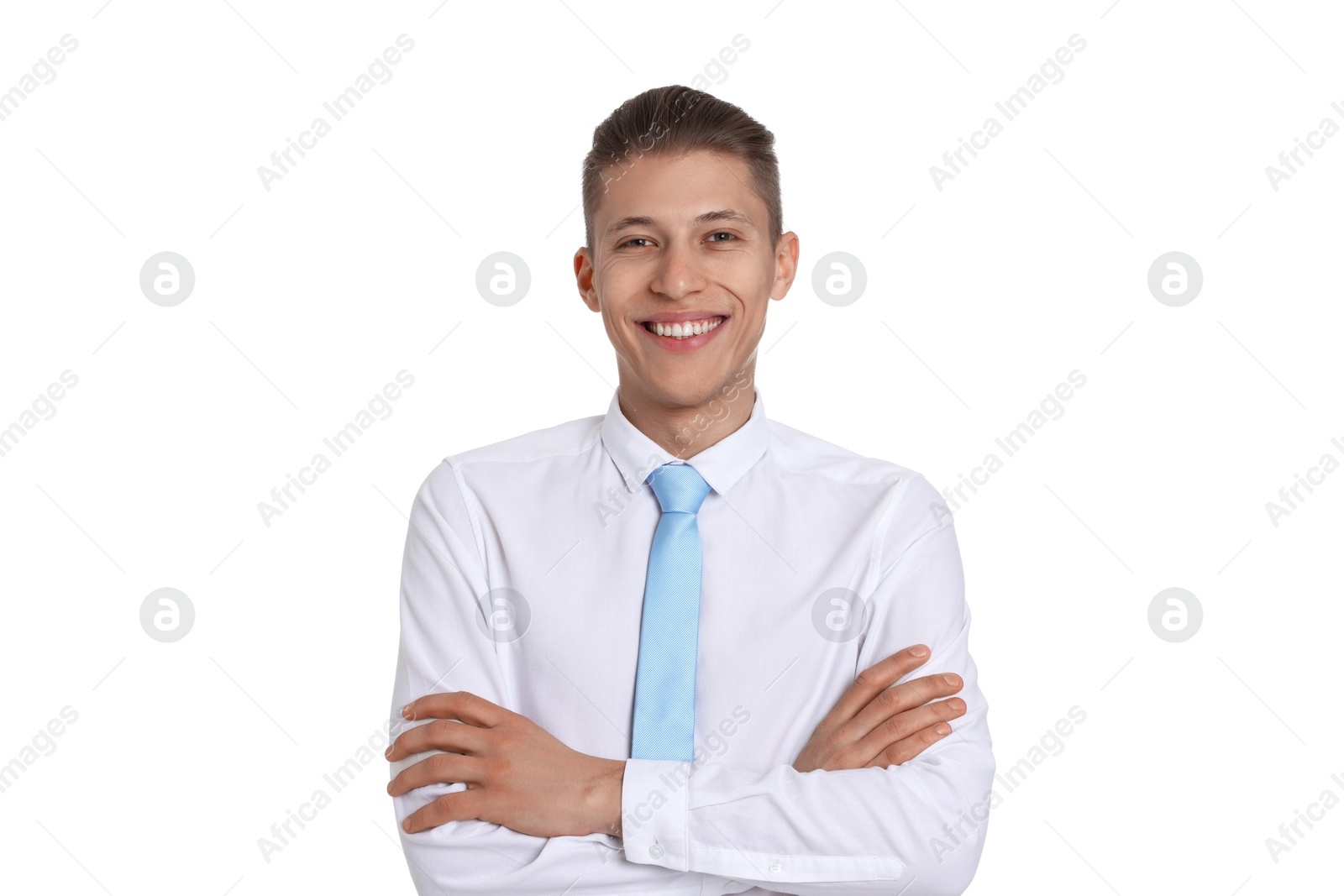 Photo of Handsome young man in formal outfit on white background