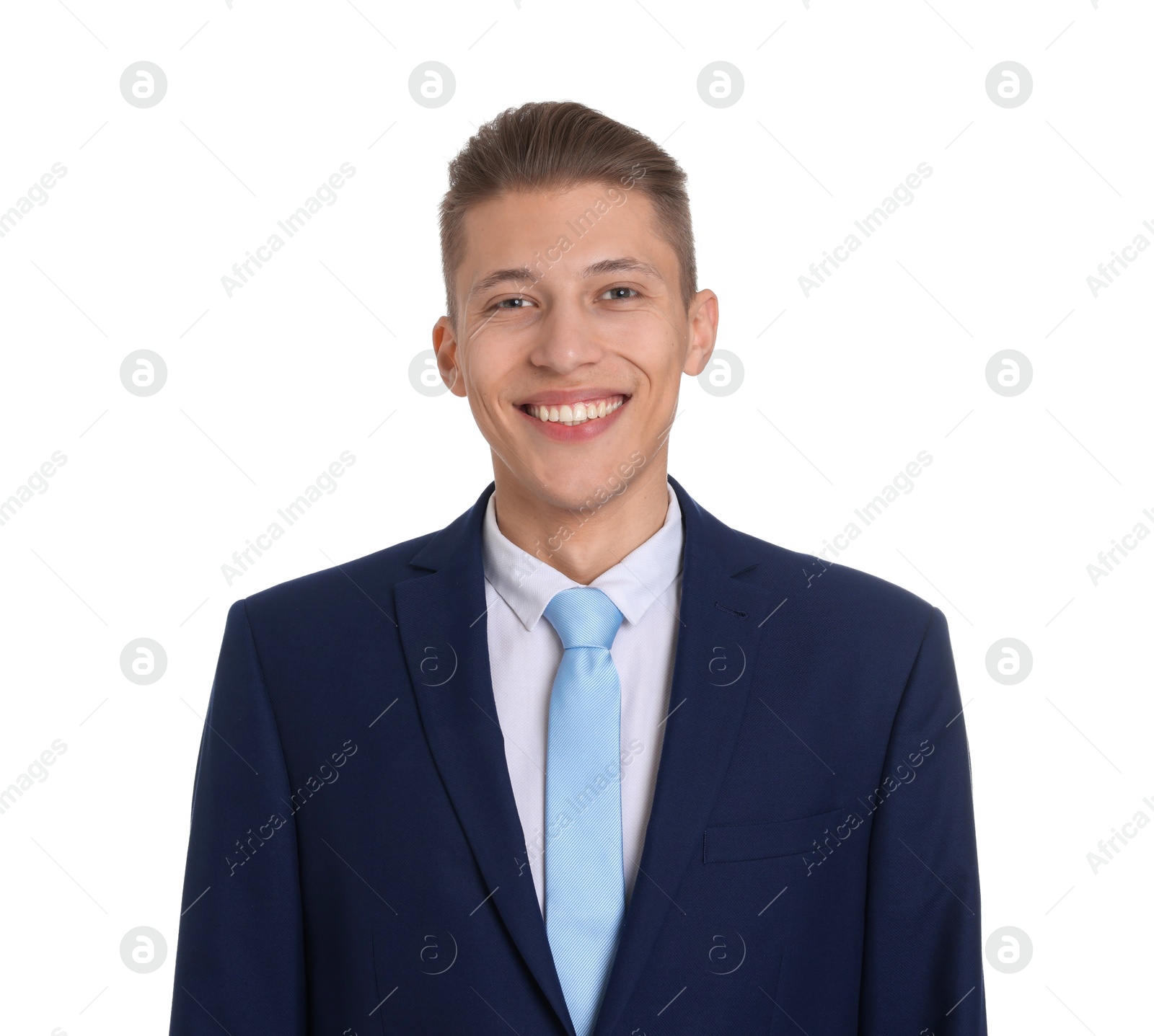 Photo of Handsome young man in suit on white background