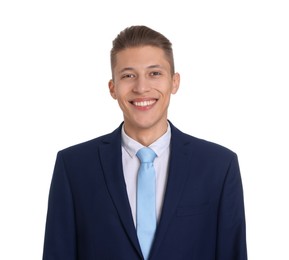 Photo of Handsome young man in suit on white background