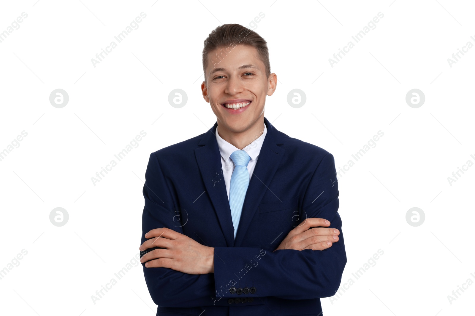 Photo of Handsome young man in suit on white background