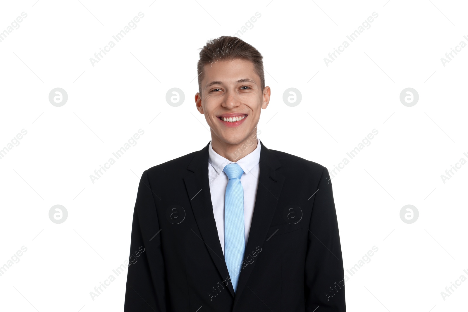 Photo of Handsome young man in suit on white background