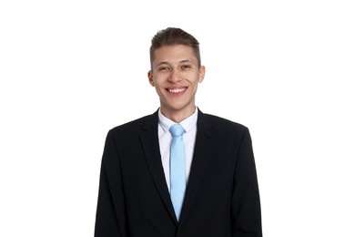 Photo of Handsome young man in suit on white background