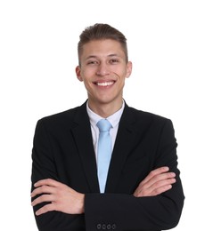 Photo of Handsome young man in suit on white background