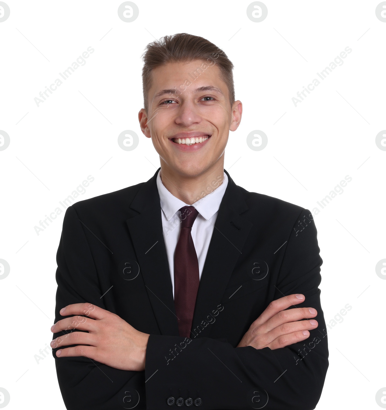 Photo of Handsome young man in suit on white background