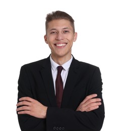 Photo of Handsome young man in suit on white background