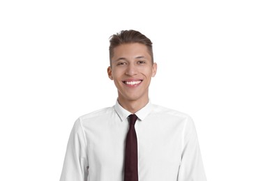 Photo of Handsome young man in formal outfit on white background