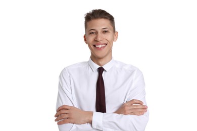 Photo of Handsome young man in formal outfit on white background