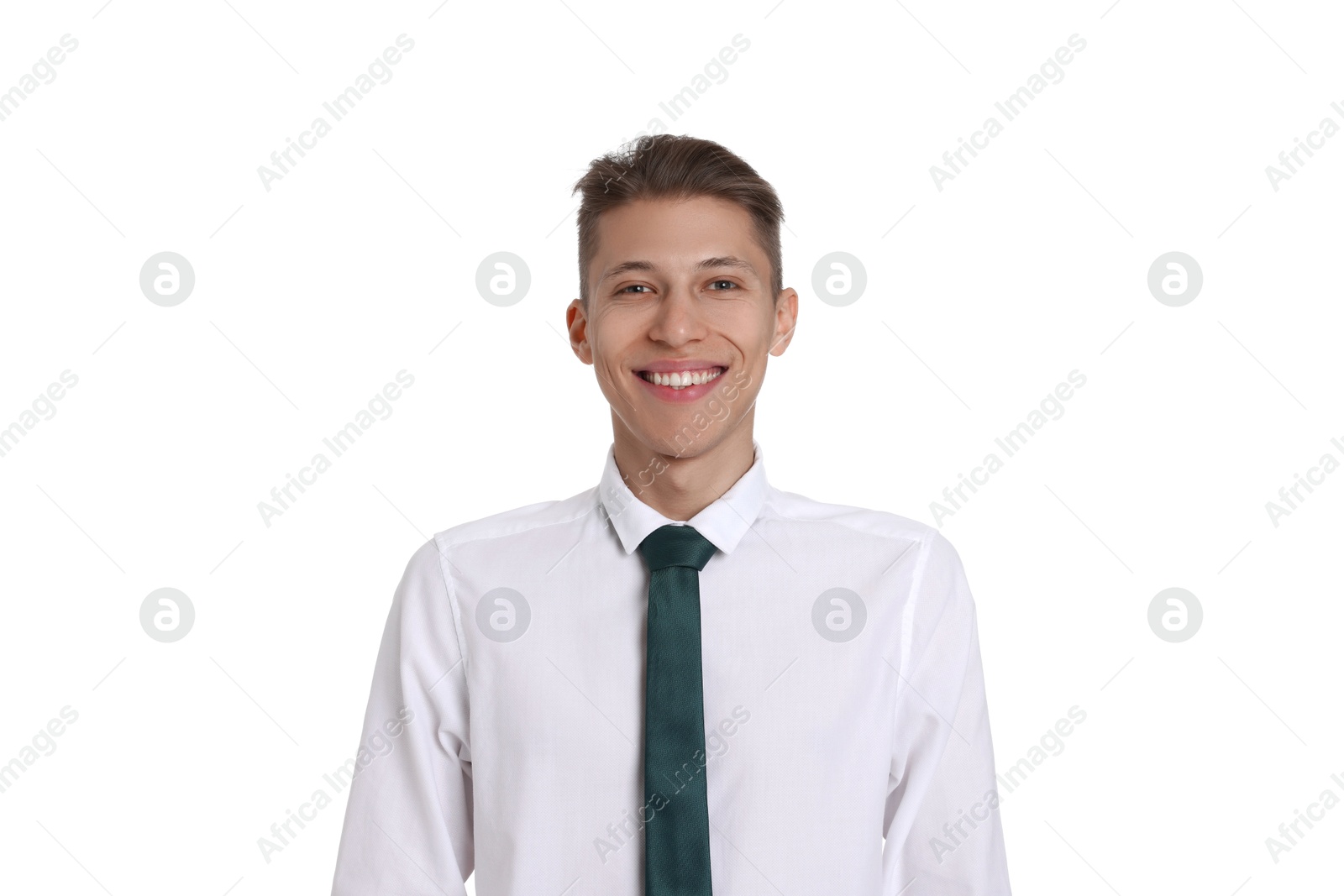 Photo of Handsome young man in formal outfit on white background