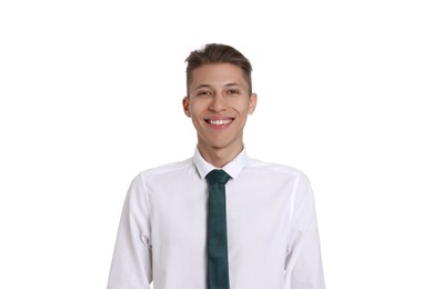 Handsome young man in formal outfit on white background