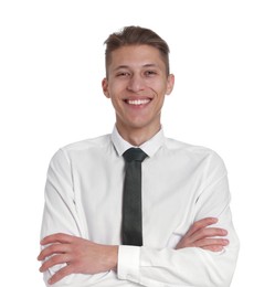 Photo of Handsome young man in formal outfit on white background