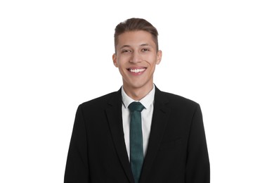 Photo of Handsome young man in suit on white background