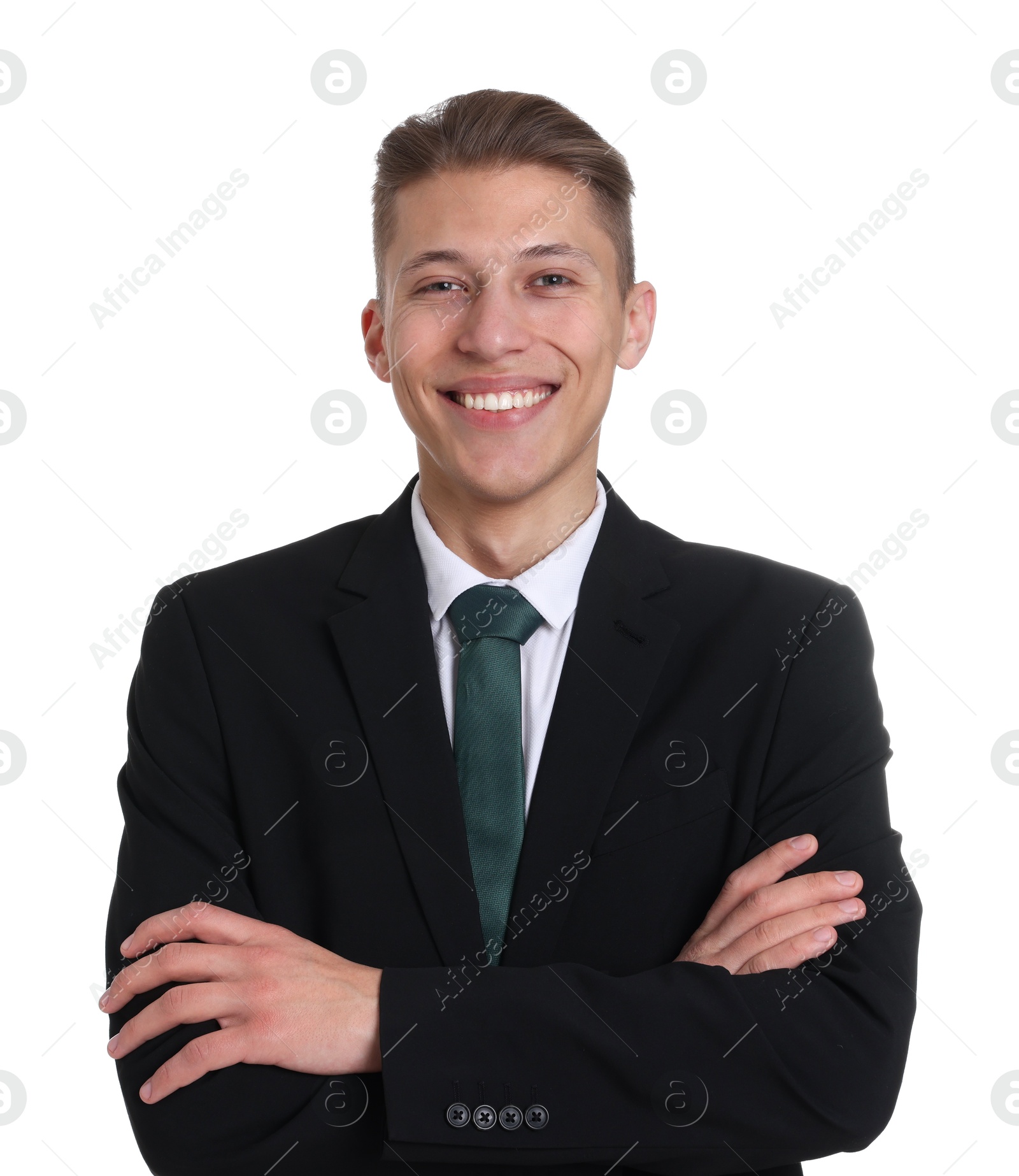 Photo of Handsome young man in suit on white background