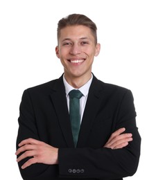 Handsome young man in suit on white background