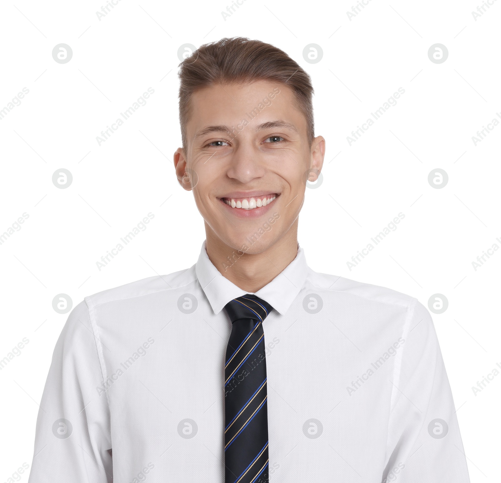 Photo of Handsome young man in formal outfit on white background