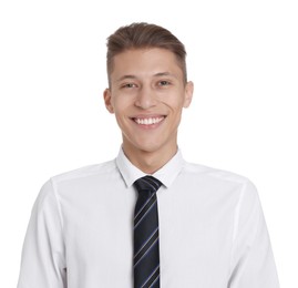 Photo of Handsome young man in formal outfit on white background