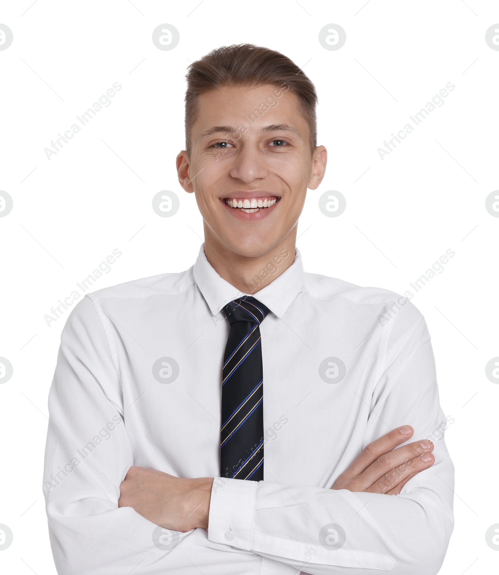 Photo of Handsome young man in formal outfit on white background