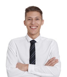 Handsome young man in formal outfit on white background