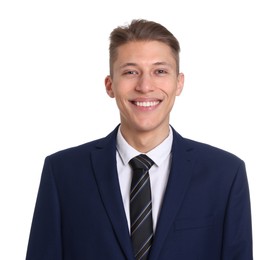 Photo of Handsome young man in suit on white background