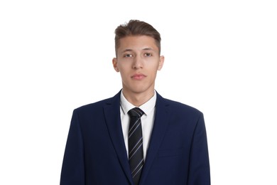 Handsome young man in suit on white background