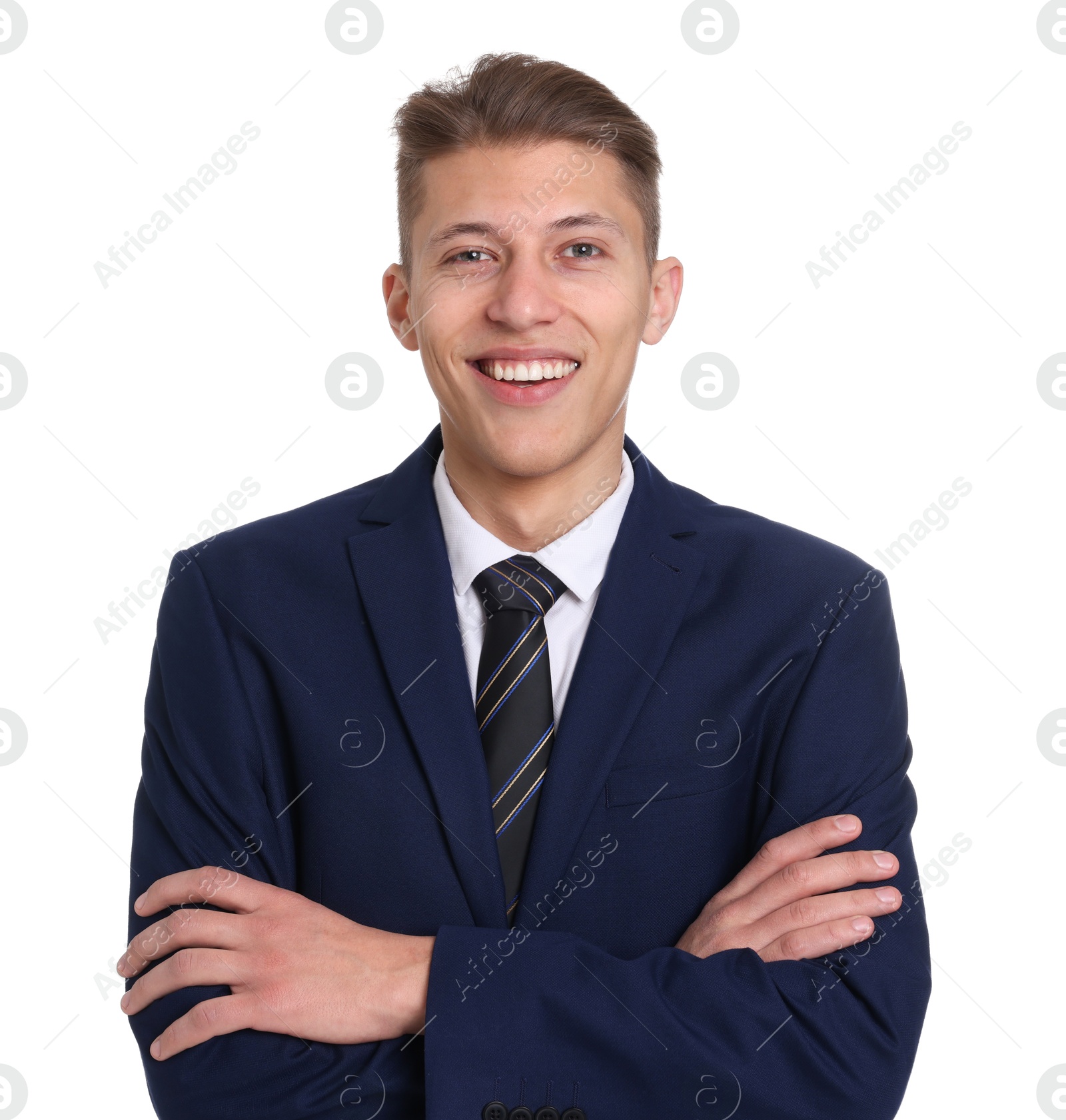 Photo of Handsome young man in suit on white background