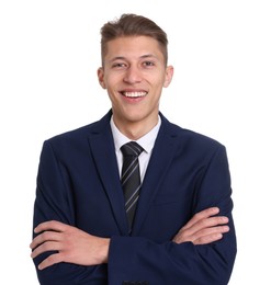 Handsome young man in suit on white background