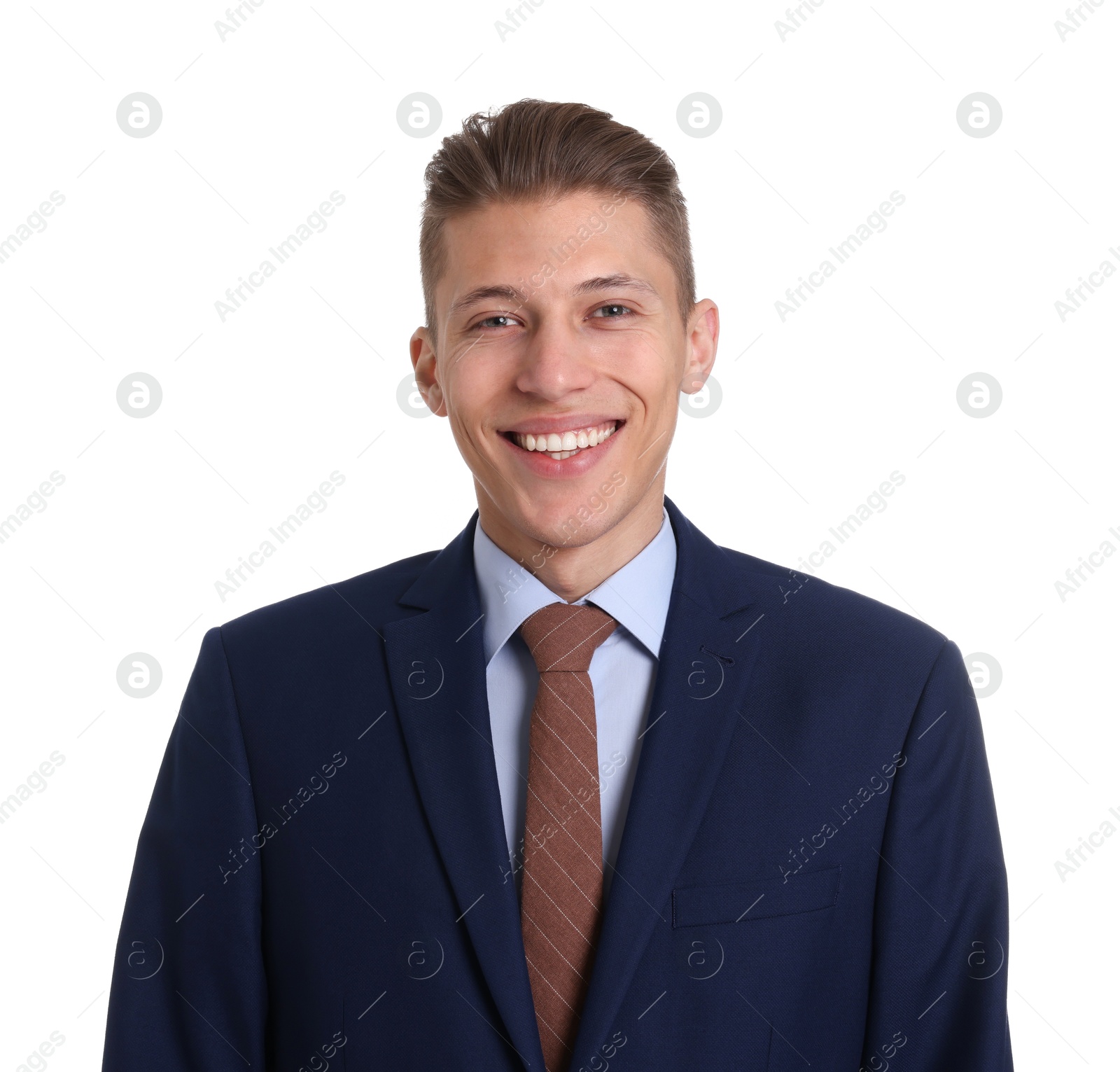 Photo of Handsome young man in suit on white background