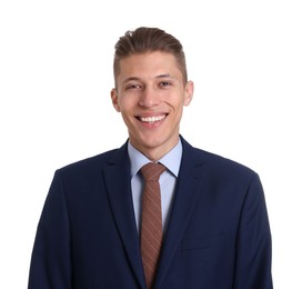 Handsome young man in suit on white background