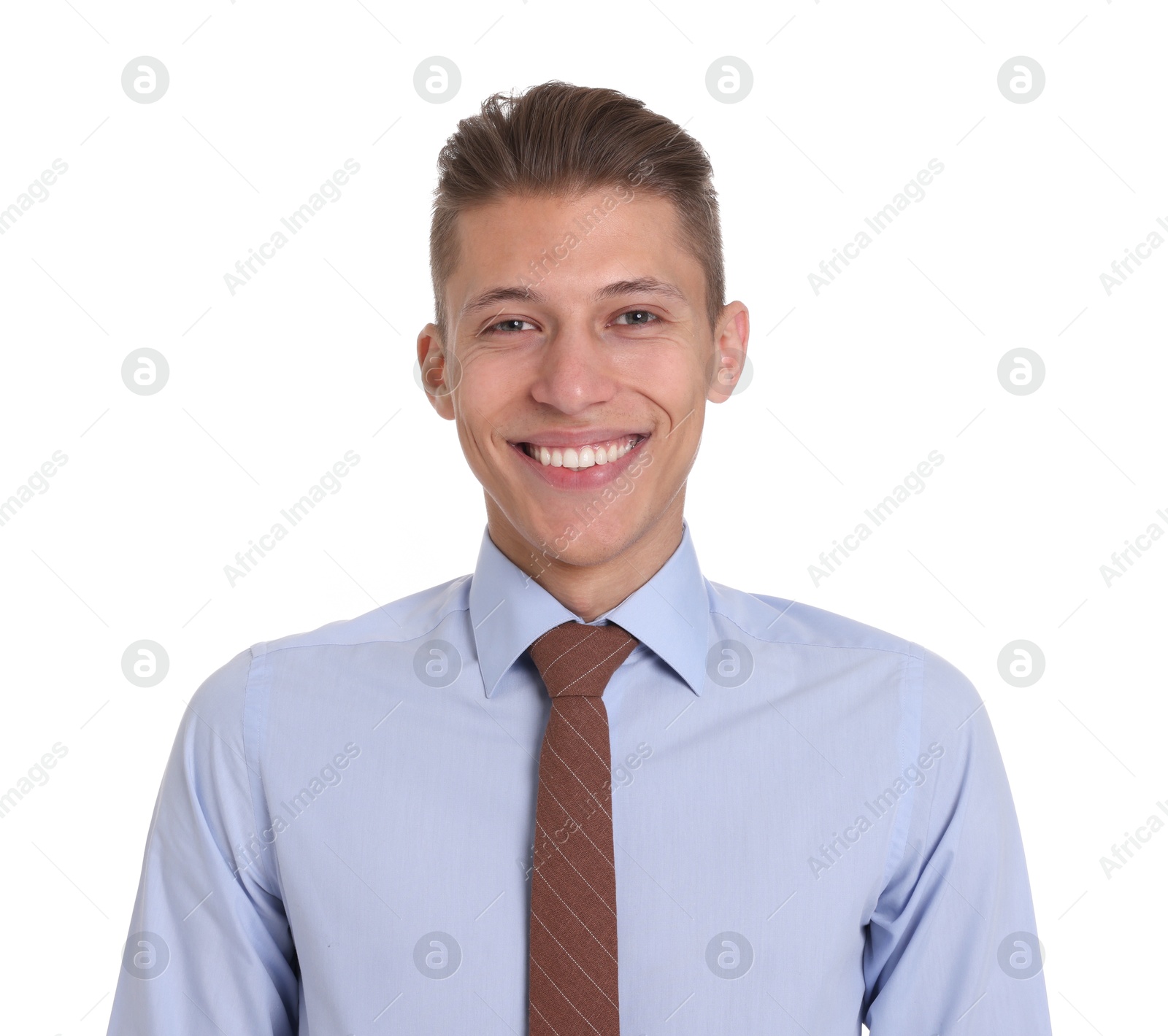 Photo of Handsome young man in formal outfit on white background