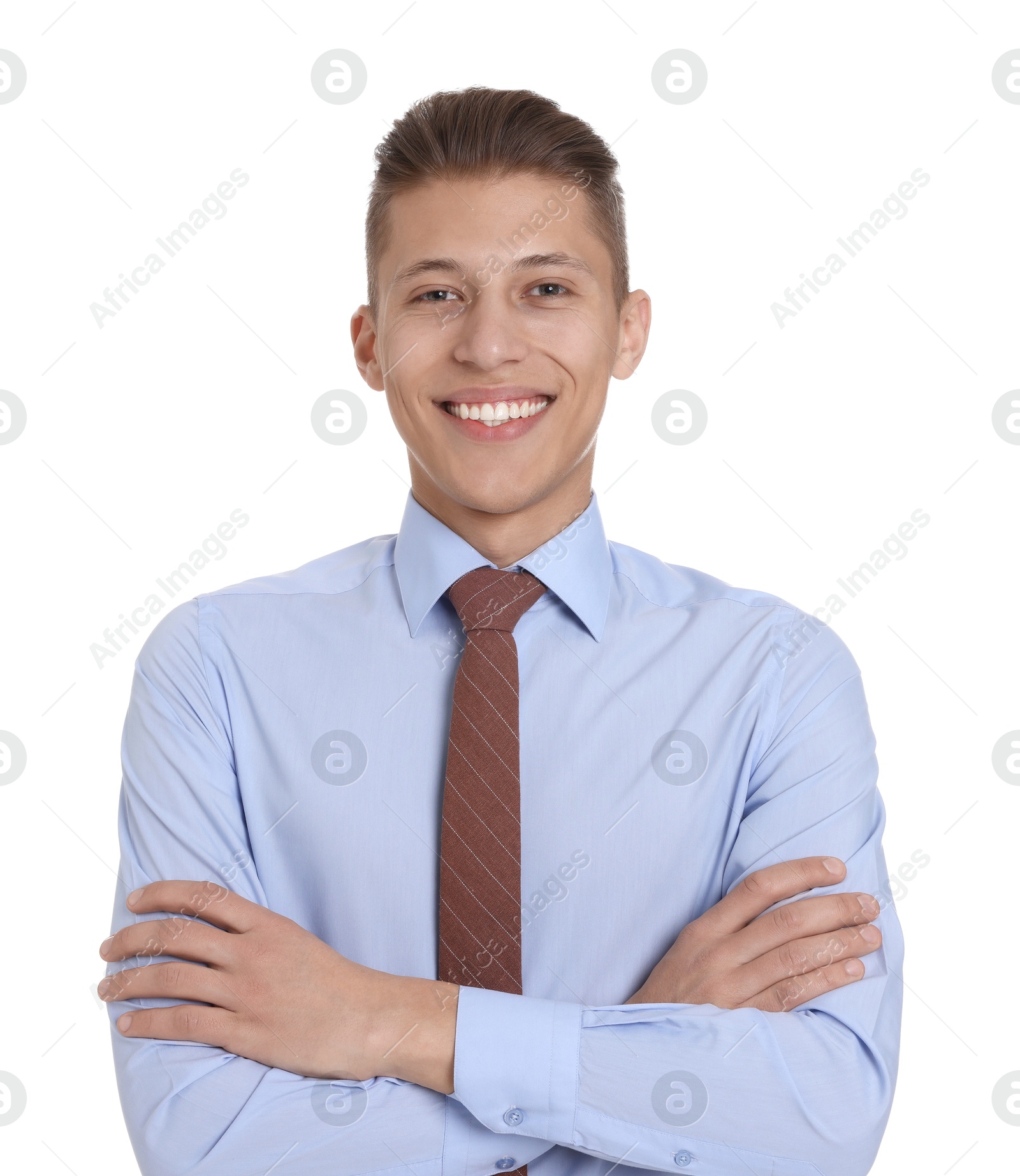 Photo of Handsome young man in formal outfit on white background